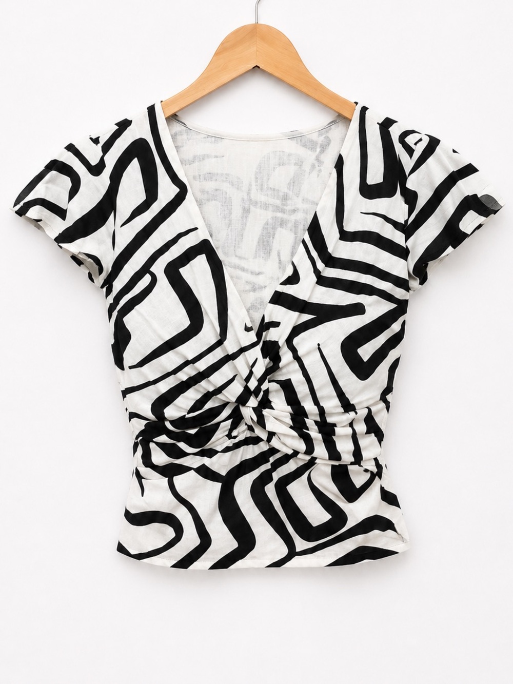 Midnight Sky Black White Geometric Wrap Crop Top Linen Blend Boho NWT